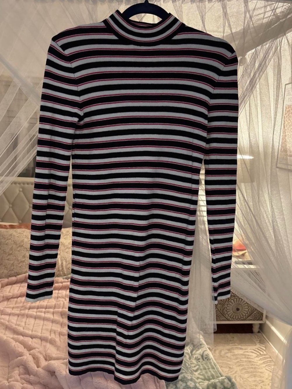 Forever 21 Black, White & Pink Striped Turtleneck Sweater Dress